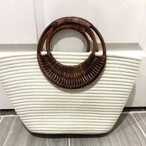 Elegant White and Brown Woven Handbag
